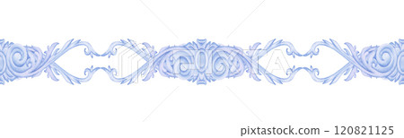 Blue seamless ribbon pattern, beautiful lace vignettes. Decorative border for template in vintage style. Baroque motifs for fabrics and textiles, wallpaper, packaging, frames, ribbons, creative idea. 120821125