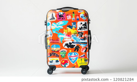 Vibrant travel suitcase with colorful sticker designs for adventure and exploration 120821284