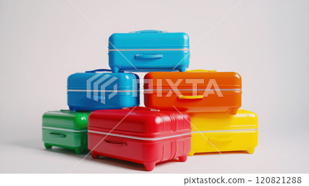 Vibrant stack of colorful suitcases for travel and vacation concepts 120821288