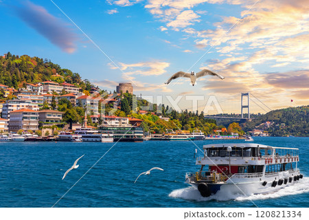Ship is sailing in the the Bosphorus Straight by Bebek neighborhood, Istanbul, Turkey 120821334