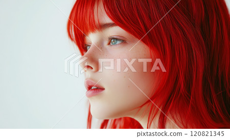 Vibrant red hair portrait of a teenage model for fashion and beauty editorials 120821345