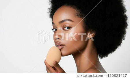 Studio portrait of model applying makeup with sponge for flawless skin 120821417