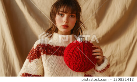 Cozy scandinavian style sweater and festive red ornament for holiday fashion and decor 120821418