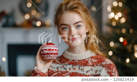 Festive holiday portrait: woman in cozy scandinavian sweater with christmas ornament 120821419