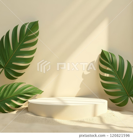 AI-generated item. 3D podium pedestal shadow pastel beige background. Display for spa and beauty, cosmetic product presentation showcase. Nature studio mockup promotion. 120821596