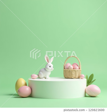 AI-generated item. Happy Easter background. Easter eggs and rabbit with egg shape. Product display podium mockup, Banner template design. 120821600