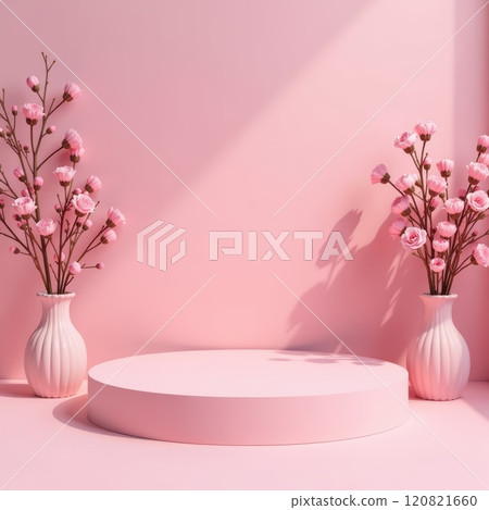 AI-generated item. Modern pedestal podium. Pink pastel circle backdrop with flowers decoration. 3d shape for product display presentation. Minimal wall scene. Abstract studio room. 120821660