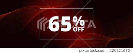 65 off sale banner. Abstract red glowing wavy lines on black wide background. 65 percent off holiday sale discount 120821670