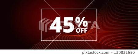 45 off sale banner. Abstract red glowing wavy lines on black wide background. 45 percent off holiday sale discount 120821680