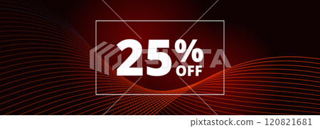 25 off sale banner. Abstract red glowing wavy lines on black wide background. 25 percent off holiday sale discount 120821681