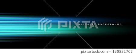 Black abstract background with blue and green gradient light streaks. Wide technology background with glowing high-speed and movement light effect. 120821702
