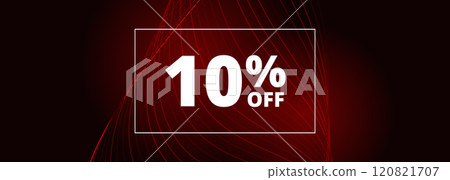 10 off sale banner. Abstract red glowing wavy lines on black wide background. 10 percent off holiday sale discount 120821707