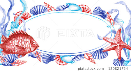 Oval frame with fish and starfish on the sea theme. Isolated watercolor illustration, blank for a postcard, for designing invitations to a sea holiday, birthday. Oval frame with fish and starfish on the sea theme. Isolated watercolor illustration, blank for a postcard, for designing invitations to a sea holiday, birthday. 120821734