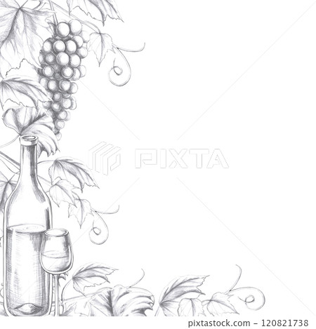 Square frame with a bottle of wine, a glass and bunches of grapes. Isolated pencil illustration in a realistic style for the design of postcards, bar card, juices, menu design. 120821738