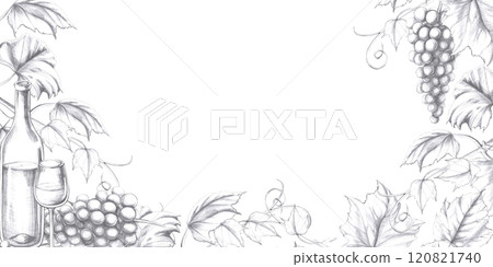 Rectangular frame with a bottle of wine and a glass. Isolated pencil illustration in a realistic style for the design of postcards, bar menu, alcoholic products, juices, cookbooks, menu design. Rectangular frame with a bottle of wine and a glass. Isolated pencil illustration in a realistic style for the design of postcards, bar menu, alcoholic products, juices, cookbooks, menu design. 120821740
