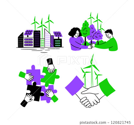 Cartoon Color Eco Friendly Lifestyle Finding Solutions Concept Scenes Set. Vector illustration of Hand of Connection Puzzle 120821745