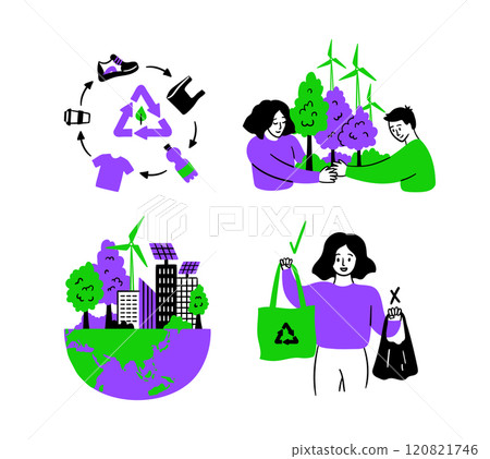 Cartoon Color Eco Friendly Lifestyle Save the Planet Concept Scenes Set. Vector illustration of Girl use Tote Bag Fabric Cloth Cartoon Color Eco Friendly Lifestyle Save the Planet Concept Scenes Set. Vector illustration of Girl use Tote Bag Fabric Cloth 120821746
