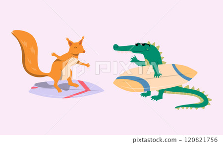 Cartoon Color Characters Animal Crocodile and Squirrel Surfers Set Summer Vacation Activity Surfboarding Concept Flat Design Style. Vector illustration 120821756