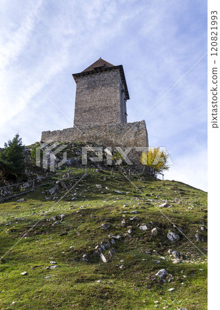 Medieval Kasperk Castle in southwestern Bohemia, Czech Republic, sunny autumn day, Plzen region, Sumava range Medieval Kasperk Castle in southwestern Bohemia, Czech Republic, sunny autumn day, Plzen region, Sumava range 120821993