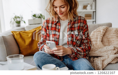 Young Woman Relaxing and Using Smartphone Young Woman Relaxing and Using Smartphone 120822107