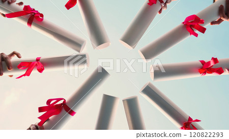 Graduates join their diplomas in a circle against the sky. 120822293