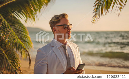Businessman on a remote location, tropical beach as office for telecommuting, generative ai 120822411