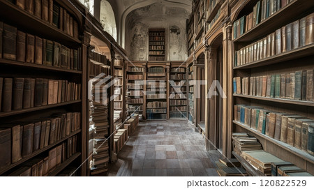 Old library filled with vintage books in an abandoned building. Generative AI Old library filled with vintage books in an abandoned building. Generative AI 120822529