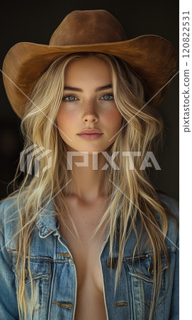 Young woman in denim jacket and cowboy hat posing indoors with natural light. Generative AI 120822531