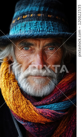 Elderly man with striking blue eyes wearing a colorful hat and scarf. Generative AI 120822535