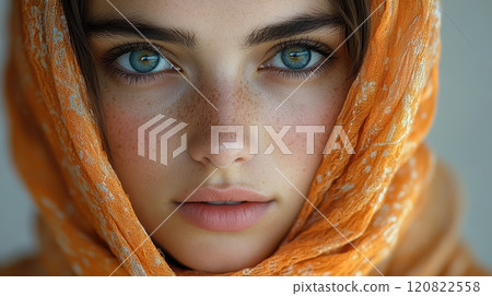 Young woman with orange scarf gazing directly at the camera indoors. Generative AI Young woman with orange scarf gazing directly at the camera indoors. Generative AI 120822558