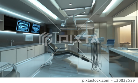 A spacious, modern dental clinic featuring a central dental chair, surrounded by sleek cabinetry, wall-mounted monitors, and high-tech instruments. Soft overhead lighting emphasizes the clean 120822559