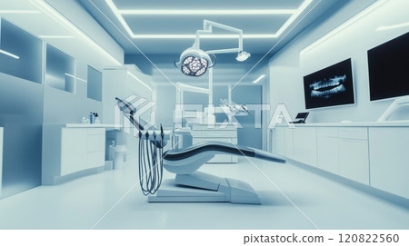 A spacious, modern dental clinic featuring a central dental chair, surrounded by sleek cabinetry, wall-mounted monitors, and high-tech instruments. Soft overhead lighting emphasizes the clean 120822560