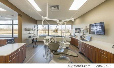 Bright and clean dental office interior featuring a central dental chair, advanced tools, and equipment. The neutral tones, glossy white surfaces, and large windows allow ample natural light 120822598