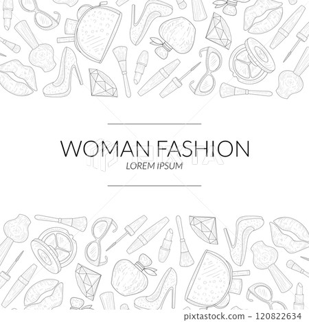 Woman Fashion Banner Template with Beauty Elements, Makeup Products, Cosmetics Hand Drawn Vector Illustration 120822634