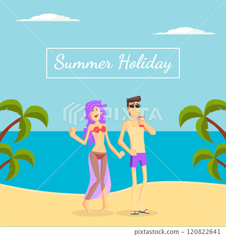 Summer Holiday Banner Template, Happy Young Couple Walking on Tropical Beach Vector Illustration Summer Holiday Banner Template, Happy Young Couple Walking on Tropical Beach Vector Illustration 120822641