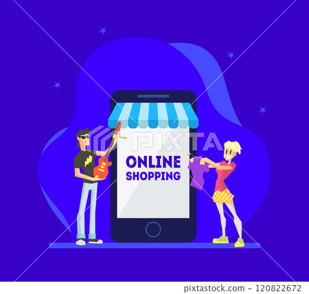 Online Shopping Concept, Man and Woman Standing Near Giant Smartphone with Their Purchases, People Using Smartphone for Purchasing at Mobile Store Vector Illustration 120822672