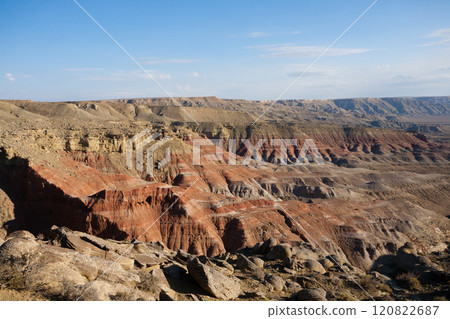 Monument rock view, Mangystau region landscape, Kokesem area, Kazakhstan. 120822687