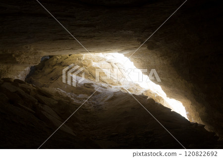 Entrance of an underground cavern, Mangystau region, Kazakhstan. Karagan cavern, Bosaga 120822692