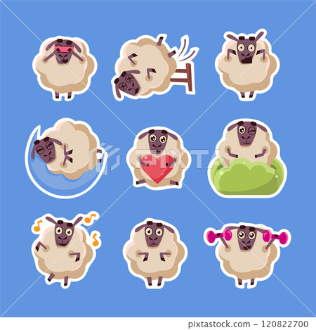 Collection of Sheep Stickers, Cute Funny Farm Fluffy Animal Character in Different Situations Vector Illustration Collection of Sheep Stickers, Cute Funny Farm Fluffy Animal Character in Different Situations Vector Illustration 120822700