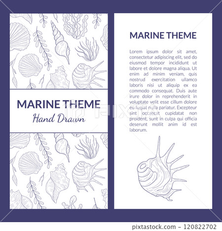 Marine Theme Banner Template with Place for Text, Undersea World with Seaweed and Seashells Hand Drawn Vector Illustration Marine Theme Banner Template with Place for Text, Undersea World with Seaweed and Seashells Hand Drawn Vector Illustration 120822702