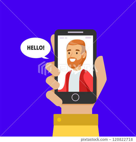 Young Smiling Man on Display of Smartphone, Female Hand Holding Mobile Phone with Boylfriend on Screen, Online Dating, Distance Relationship Vector Illustration Young Smiling Man on Display of Smartphone, Female Hand Holding Mobile Phone with Boylfriend on Screen, Online Dating, Distance Relationship Vector Illustration 120822718