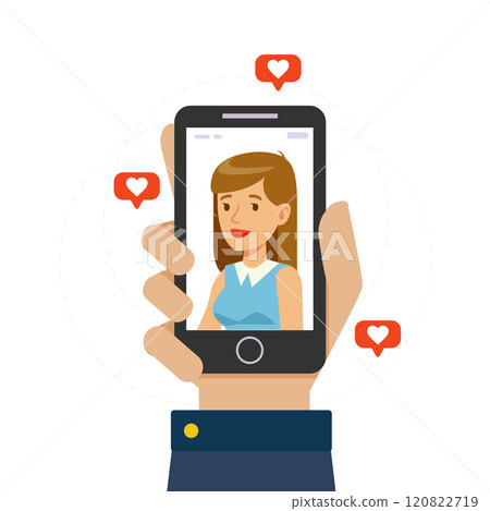 Beautiful Girl on Display of Smartphone, Male Hand Holding Mobile Phone with Girlfriend on Screen, Online Dating, Distance Relationship Vector Illustration Beautiful Girl on Display of Smartphone, Male Hand Holding Mobile Phone with Girlfriend on Screen, Online Dating, Distance Relationship Vector Illustration 120822719