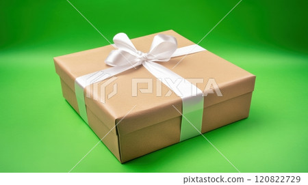 A beautifully wrapped gift box with a white ribbon bow on top, placed against a vibrant green background, creating a festive and elegant atmosphere ideal for holiday or special occasion themes. 120822729