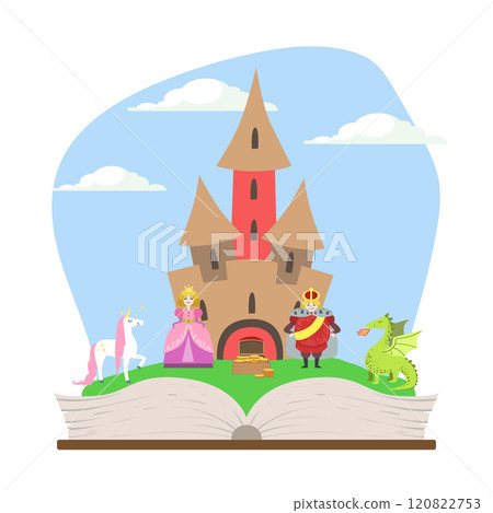Opened Book with Magic Fairytale Castle, Prince, Princess, Unicorn and Dragon Vector Illustration 120822753