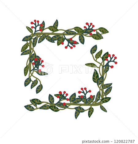 Herbal Frame, Green Leaves and Red Berries Natural Design Element for Wedding Invitation, Save the Date, Greeting Card, Poster, Quote Vector Illustration Herbal Frame, Green Leaves and Red Berries Natural Design Element for Wedding Invitation, Save the Date, Greeting Card, Poster, Quote Vector Illustration 120822787
