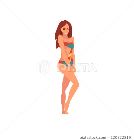 Beautiful Smiling Girl in Swimsuit, Young Woman with Long Hair Wearing Color Bathing Suit, Summer Fashion Vector Illustration Beautiful Smiling Girl in Swimsuit, Young Woman with Long Hair Wearing Color Bathing Suit, Summer Fashion Vector Illustration 120822819