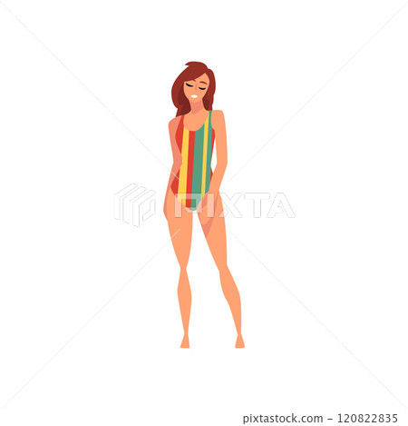 Beautiful Smiling Girl in Striped Swimsuit, Young Woman Wearing Color Bathing Suit Enjoying Summer Vacation Vector Illustration 120822835