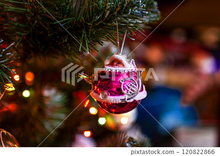 Beautiful festive decorations on the Christmas tree. New Year 2025 Beautiful festive decorations on the Christmas tree. New Year 2025 120822866