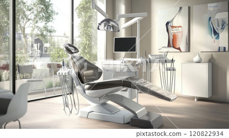 A minimalist dental office featuring a central dental chair, overhead LED light, and wall-mounted storage units. The space is designed with neutral tones and subtle green accents, creating a modern A minimalist dental office featuring a central dental chair, overhead LED light, and wall-mounted storage units. The space is designed with neutral tones and subtle green accents, creating a modern 120822934