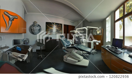 A minimalist dental office featuring a central dental chair, overhead LED light, and wall-mounted storage units. The space is designed with neutral tones and subtle green accents, creating a modern A minimalist dental office featuring a central dental chair, overhead LED light, and wall-mounted storage units. The space is designed with neutral tones and subtle green accents, creating a modern 120822936